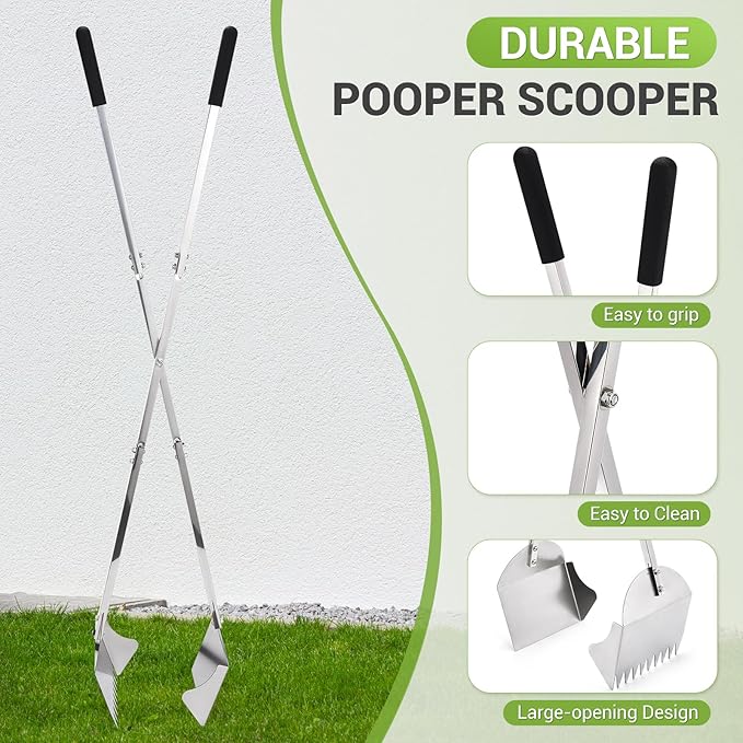 48" Metal Pooper Scooper for Large Dogs, Heavy Duty Stainless Steel Dog Pooper Scooper Large Opening Long Handle for Pet Waste Removal, Grass, Dirt, Gravel,Yard, Indoor, Outdoor