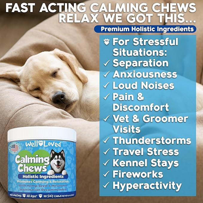 Calming Chews for Dogs - Dog Calm Treats, Made in USA, Vet Developed, Behavior Support, Stress, Separation, Fireworks, Travel, Melatonin, Natural & Holistic, 90 Count