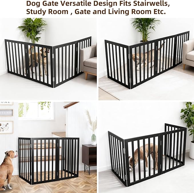 ZJSF Freestanding Indoor Dog Gate for House Foldable Wood Black Puppy Gate for Doorways Pet Gate for Stairs Extra Wide Pet Fence 32" Height 4 Panels