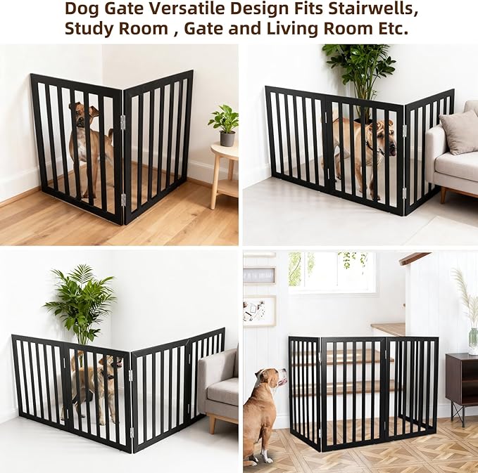 ZJSF Freestanding Indoor Dog Gate for House Foldable Wood Black Puppy Gate for Doorways Pet Gate for Stairs Extra Wide Pet Fence 24" Height 2 Panels