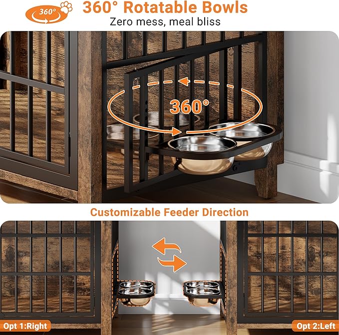 YaFiti 37.7" Dog Crate Furniture Set of 2, Wooden Dog Kennel Indoor with 360° Rotating Feeder and 2 Adjustable Bowls, Decorative Side End Table Dog Cage for Medium Dogs, Rustic Brown
