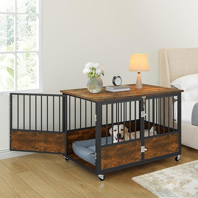 YITAHOME 43" Dog Crate Furniture with Wheels, Wooden Side End Table, Double-Doors Dog Kennel Indoor for Small/Medium/Large Dogs, Escape Proof Dog House Dog Cage, Rustic Brown