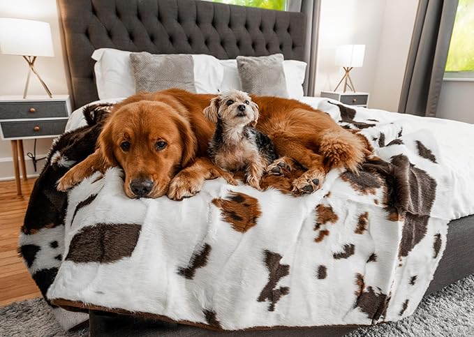 PupProtector Waterproof Throw Blanket for Dogs and Cats, Pet Blanket Cover for Couches, Sofas, Beds, Car Seats, Furniture, Calming Soft Faux Fur, Brown Cowhide, Original (60" L x 50" W)
