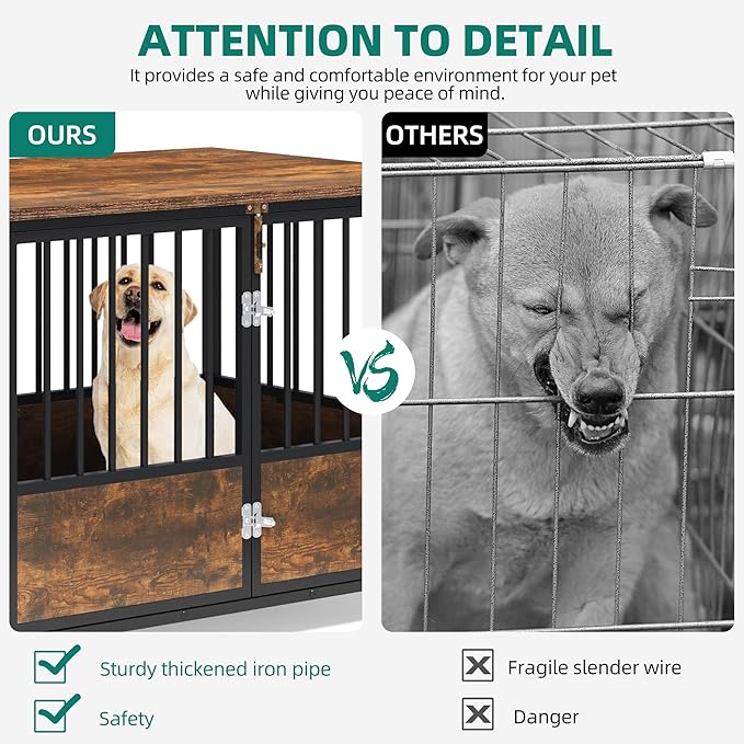 YITAHOME 43" Dog Crate Furniture with Wheels, Wooden Side End Table, Double-Doors Dog Kennel Indoor for Small/Medium/Large Dogs, Escape Proof Dog House Dog Cage, Rustic Brown