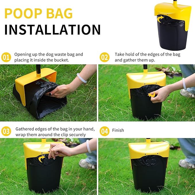 Pooper Scooper Large Swivel Bin & Rake with 160 Waste Bags,Heavy Duty Dog Pooper Scooper with Bag Attachment for Large Small Dogs, Long Handle Poop Scooper with Lid for Yard, Grass, Gravel (Yellow)