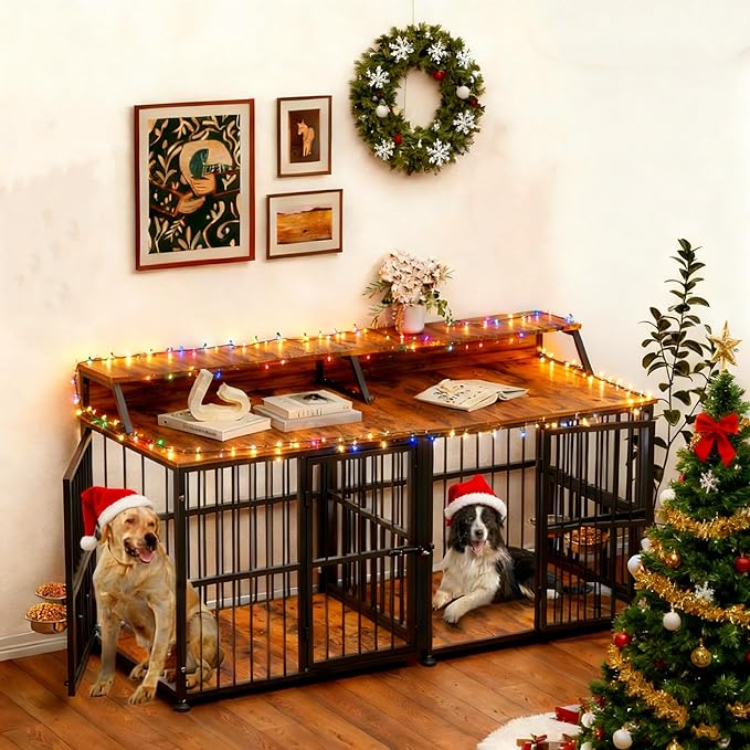 XXL Dog Crate Furniture for 2 Dogs, Extra Large Double Dog Cage Large Breed, Thick Wooden Dog Crate with Storage Rack, 72 Inch Double Dogs House Sturdy Dog Kennel with Removable Divider