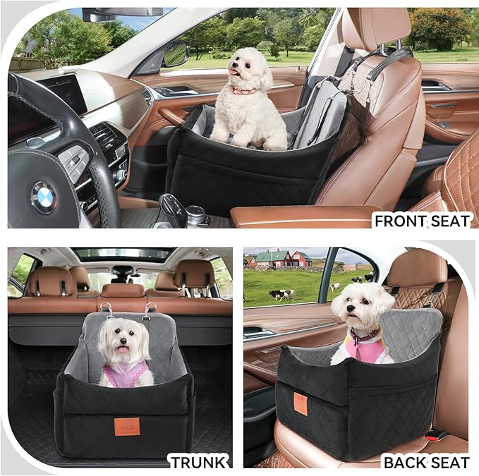 Dog Car Seat for Small/Medium Dogs, Dog Booster Car Seats with Thick Cushion for Dogs Under 35lbs, Detachable Washable Pet Carseat with Storage Pockets, 2 Safety Belts(Black/Grey)