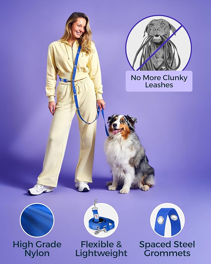 Hands-Free Dog Leash Training Running Snapleash, Waist & Shoulder Lead for Walking, Traffic Lead, Dual Pet Leash Adjustable for Large, Medium and Small Dog Breeds (Blue, Large (1in x 7.5ft))