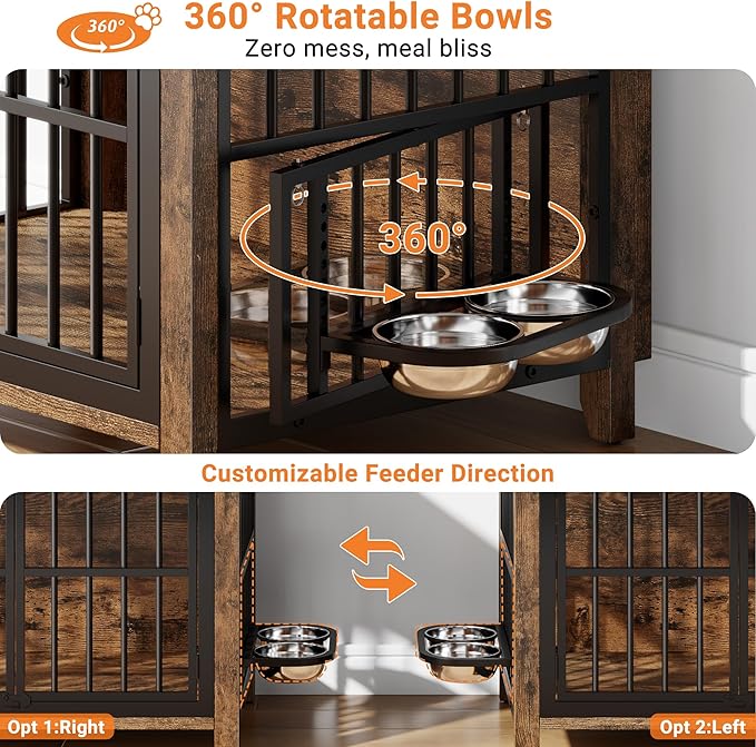 YaFiti 31.5" Dog Crate Furniture, Wooden Dog Kennel Indoor with 360° Rotating Feeder and 2 Adjustable Bowls, Decorative Side End Table Dog Cage for Medium and Small Dogs, Rustic Brown
