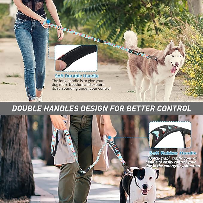 Hotsky Tactical Dog Leash Heavy Duty for Medium Large Dogs That Pull,4-6Ft Strong Bungee Shock Absorbing No Pull Dog Leash with Padded Double Handle and Car Seatbelt,Daisy