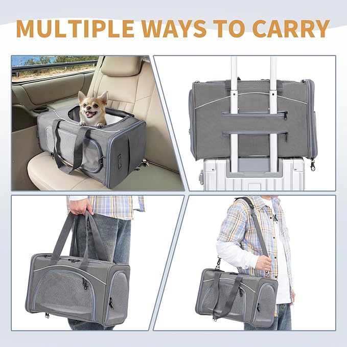 ‌Petsfit Airline Approved Pet Carrier for Small Dogs & Cats, 19x9x12 TSA Approved Carrier, with Removable Dual-Sided Padding (2-Way Placement) - Fits Under Most Airplane Seats, Escape Proof (Grey)