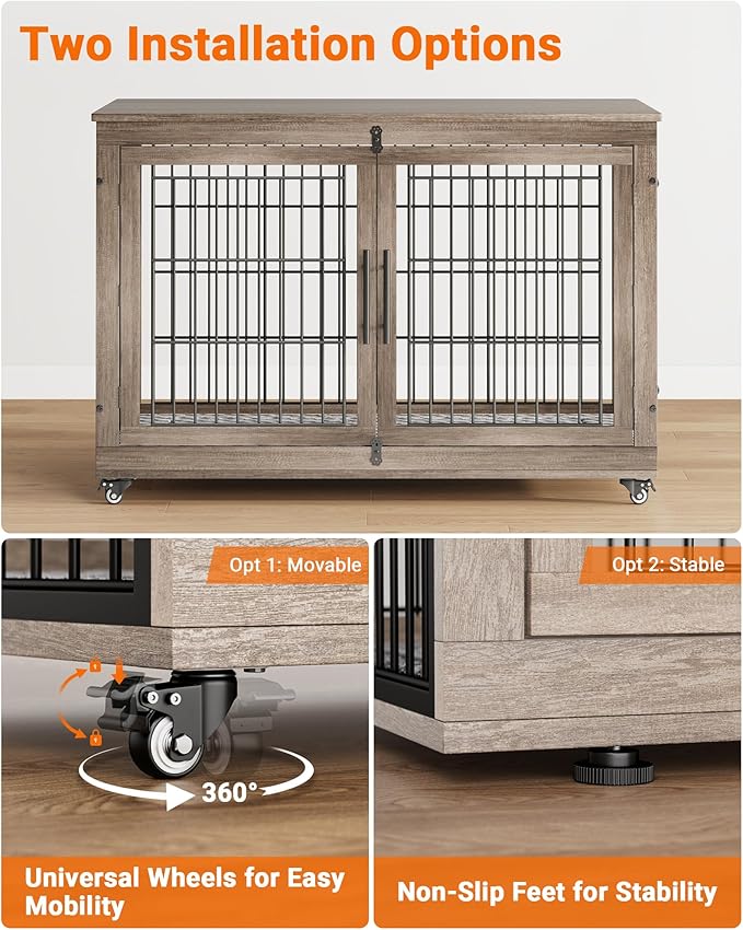 YaFiti Dog Crate Furniture with Cushion, Wooden Dog Kennel Indoor with Double Doors, Dog Cage with Wheels, Dog House Side End Table for Large Dogs up to 85 lb, 44" L, Grey