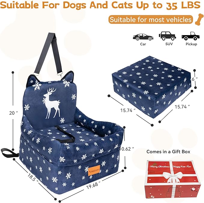 Christmas Dog Car Seat for Small/Medium Dogs Up to 35lbs,Elevated Cushion Fits in Front/Back Seat,Travel Safety Per Car Bed with Washable Removable Cover, Storage 2 Pockets Christmas Elk