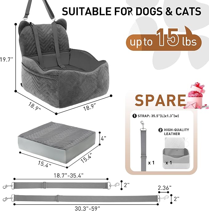 Dog Car Seat for Small/Medium Dogs Up to 30 lbs, Memory Foam Dog Booster Car Seats with Waterproof PU Cover, Pet Seat with Storage Pockets & 2 Safety Belt for Travel(Grey)