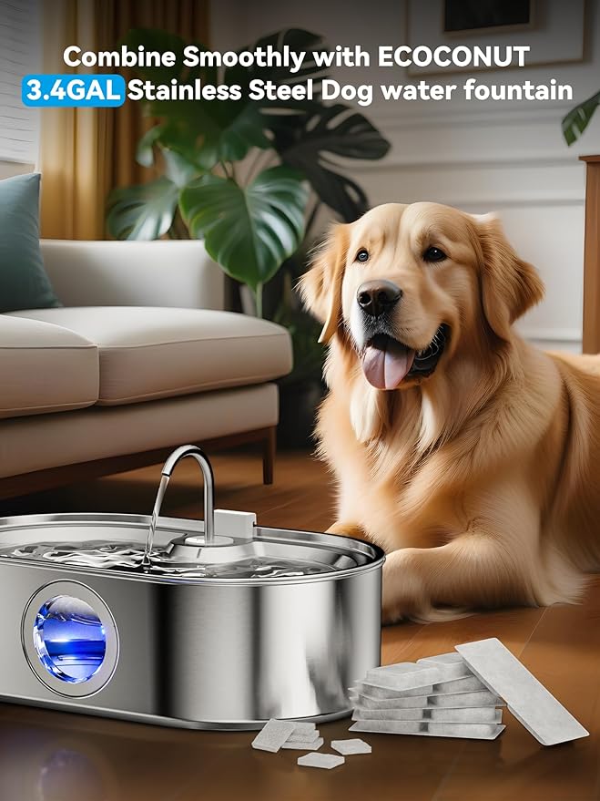 3.4Gal Dog Water Fountain for Large Dogs, 13L Stainless Steel Large Pet Fountain with Deeper & Wider Drinking Area, Automatic Dog Water Bowl Dispenser with Water Window & LED (Filters)