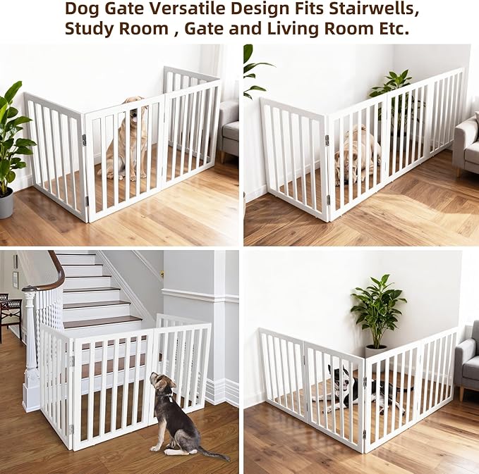 ZJSF Freestanding Indoor Dog Gate for House Foldable Wood White Puppy Gate for Doorways Pet Gate for Stairs Extra Wide Pet Fence 24" Height 4 Panels