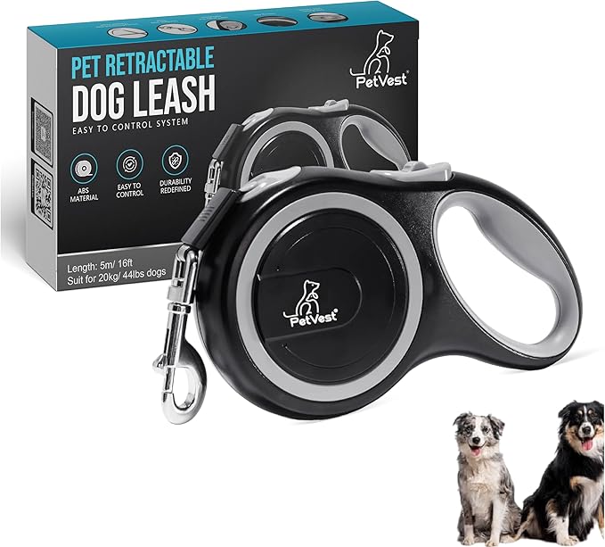 Retractable Dog Leash – Extendable up to 16 FT, Heavy Duty Nylon Tape, No-Tangle, One-Handed Brake & Lock, for Small to X-Large Dogs up to 44 lbs (Black)