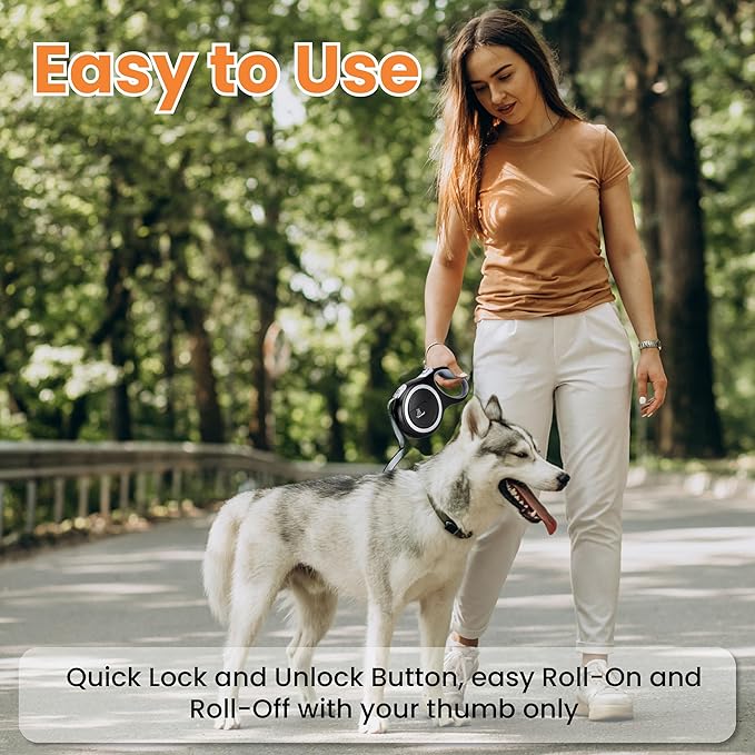 Retractable Dog Leash – Extendable up to 26 FT, Heavy Duty Nylon Tape, No-Tangle, One-Handed Brake & Lock, for Small to X-Large Dogs up to 110 lbs (Black)