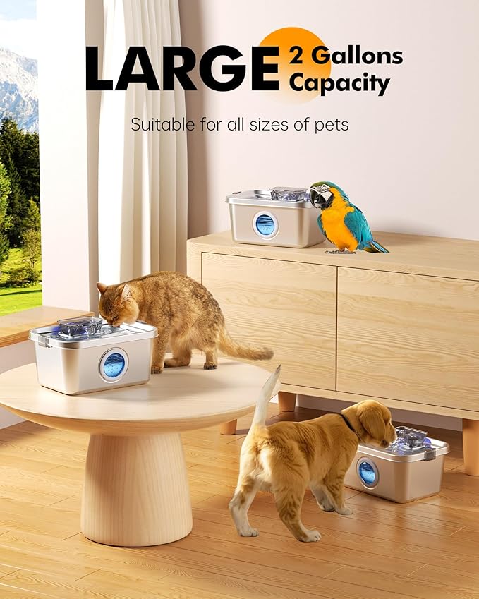Cat & Dog Water Fountain, 2 Gallon 304 Food Grade Stainless Steel Pet Water Fountain, Ultra Quiet Dog Water Bowl Dispenser, Safety Lock, 3 Replacement Filters, Smart Water Pump Protection