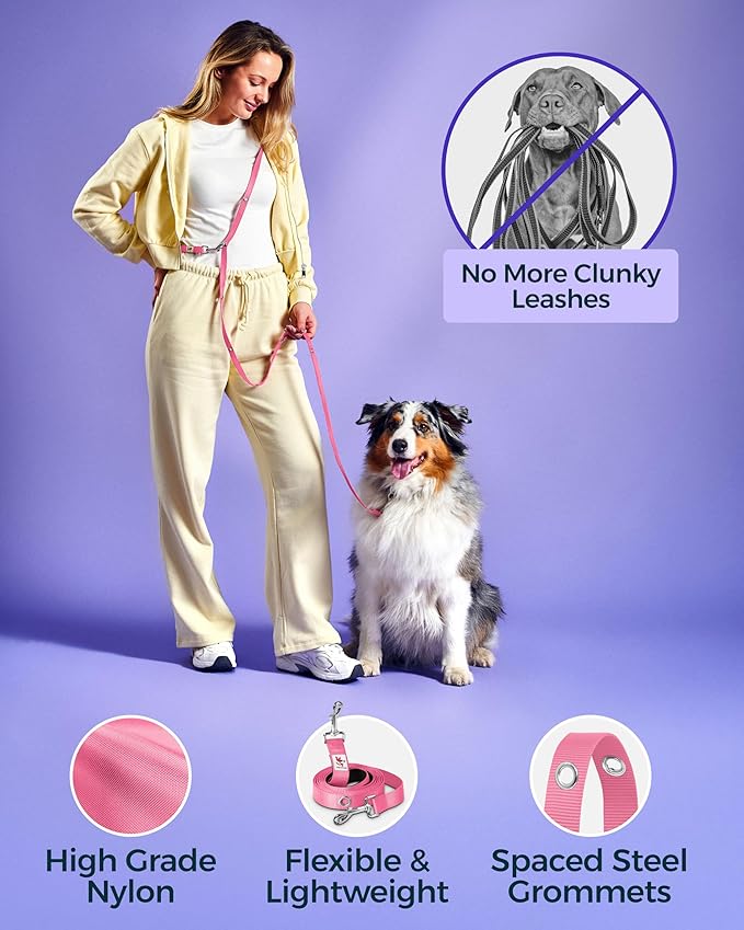 Hands-Free Dog Leash Training Running Snapleash, Waist & Shoulder Lead for Walking, Traffic Lead, Dual Pet Leash Adjustable for Large, Medium and Small Dog Breeds (Pink, Small (5/8in x 7.5ft))