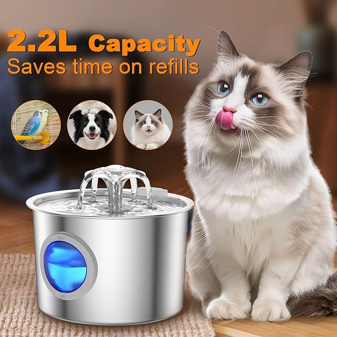 Cat Water Fountain Advanced 304 Stainless Steel 2.2L/74oz with Detachable Tank, Easy to Clean, Automatic Pet Fountain Quiet Cats Water Dispenser, Dogs (74oz Flower Style Cat Fountain + 6 Filters)