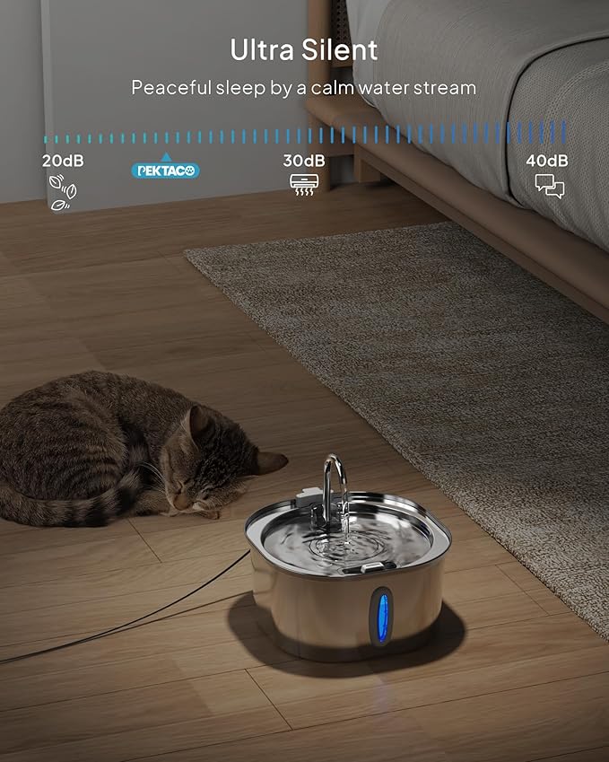 PEKTACO Stainless Steel Cat Water Fountain, 3.2L/108oz Cat Water Dispenser with Ultra-Quiet Water Pump and Water-Level Window, Dishwasher Safe Pet Drinking Fountain for Cats & Small Dogs