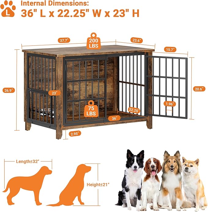 YaFiti 37.7" Dog Crate Furniture Set of 2, Wooden Dog Kennel Indoor with 360° Rotating Feeder and 2 Adjustable Bowls, Decorative Side End Table Dog Cage for Medium Dogs, Rustic Brown