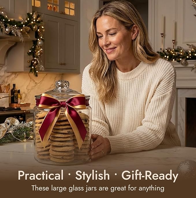 1 Gallon Glass Cookie Jar with Lid – Glass Jar with Lid - Airtight Food Storage Container for Cookies, Candy, Flour, Dog Treats – Clear Large Kitchen Jar for Pantry or Laundry Room