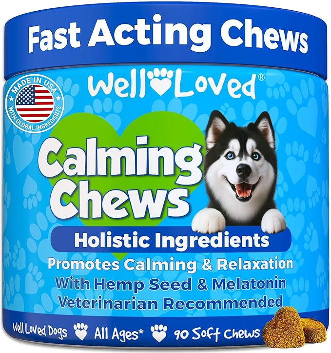 Calming Chews for Dogs - Dog Calm Treats, Made in USA, Vet Developed, Behavior Support, Stress, Separation, Fireworks, Travel, Melatonin, Natural & Holistic, 90 Count