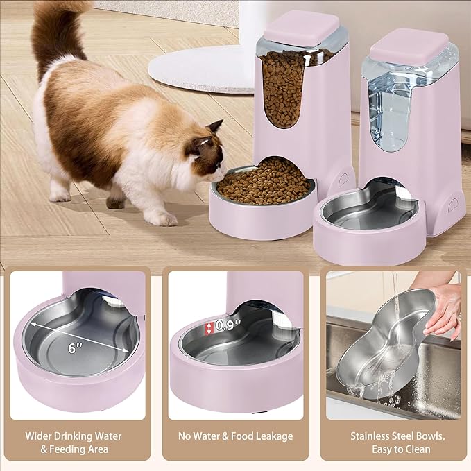 2 Pack Automatic Cat Feeder and Stainless Steel Water Dispenser, Gravity Dog Waterer Set Food Feeder and Waterer Set for Small Medium Kitten Puppy Pets(1 Gallon x 2, Violet)