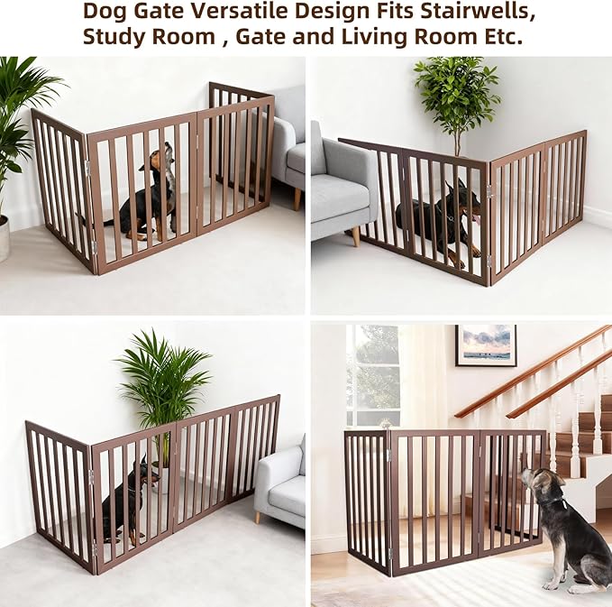 ZJSF Freestanding Indoor Dog Gate for House Foldable Wood Brown Puppy Gate for Doorways Pet Gate for Stairs Extra Wide Pet Fence 32" Height 4 Panels