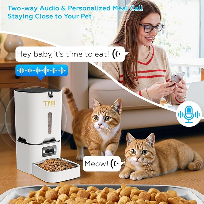 TYM Automatic Cat Feeder with Camera, 5G WiFi Auto Cat Dog Food Dispenser with APP Remote Control, 7L Large Food Storage for Multiple Pets, Scheduled Feeding, Stainless Steel Bowl, Easy Clean