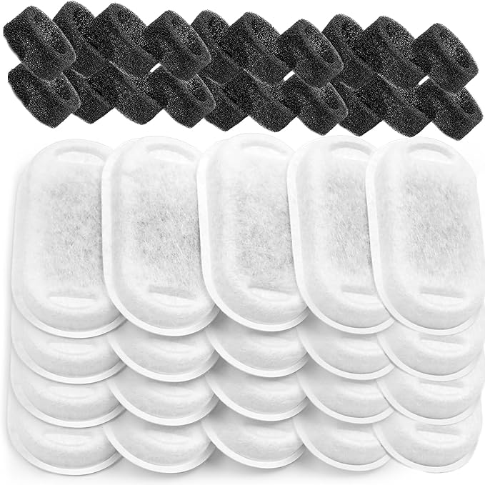 Cat Water Fountain Filters for Stainless Steel 67oz/2L Adjustable Water Flow Pet Fountain, 20 Pack Pet Replacement Filters with 20 Sponges