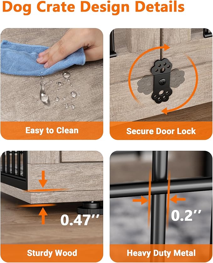 YaFiti Dog Crate Furniture with Cushion, Wooden Dog Kennel with Double Doors, Heavy Duty Dog Cage End Table with Wheels, Dog House Indoor for Small Medium Dogs up to 45 lb, 32.5” L, Grey