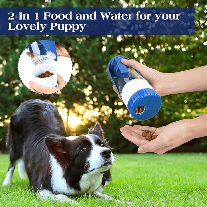 TIOVERY Upgraded Dog Water Bottle, Portable Dog Cat Puppy Pet Water Dispenser Feeder with Drinking Cup and Food Container Leak Proof for Outdoor Walking, Travel, Hiking 12OZ Blue