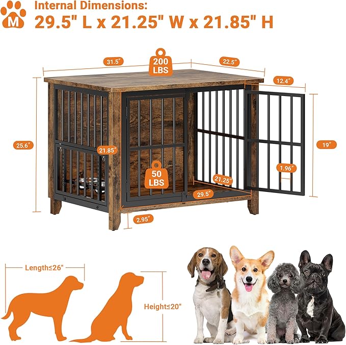 YaFiti 31.5" Dog Crate Furniture Set of 2, Wooden Dog Kennel Indoor with 360° Rotating Feeder and 2 Adjustable Bowls, Decorative Side End Table Dog Cage for Medium and Small Dogs, Rustic Brown