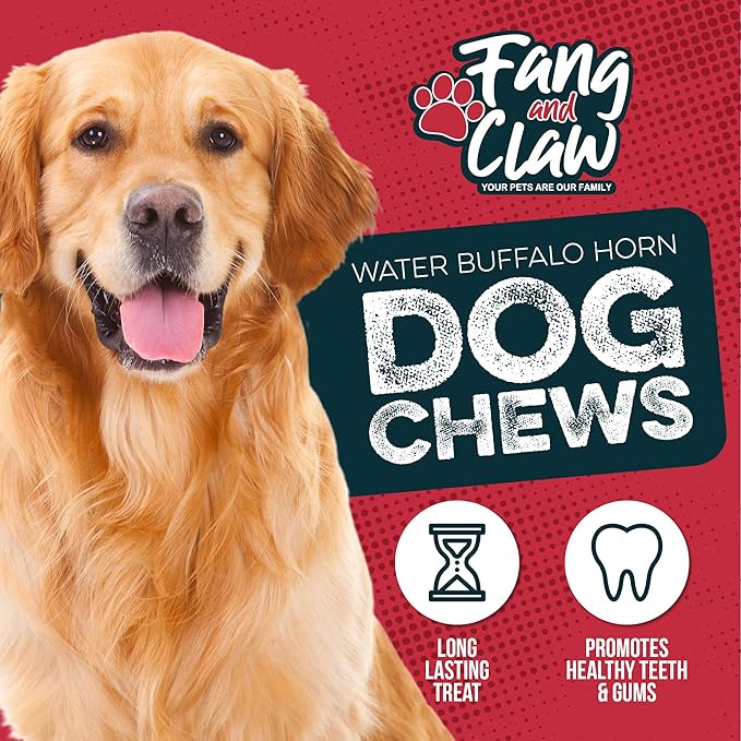 Fang and Claw Water Buffalo Horn Dog Chew 4 Pack (Medium 6 Inch), Long-Lasting Natural Chews for Aggressive Chewers, Single-Ingredient, No Rawhide