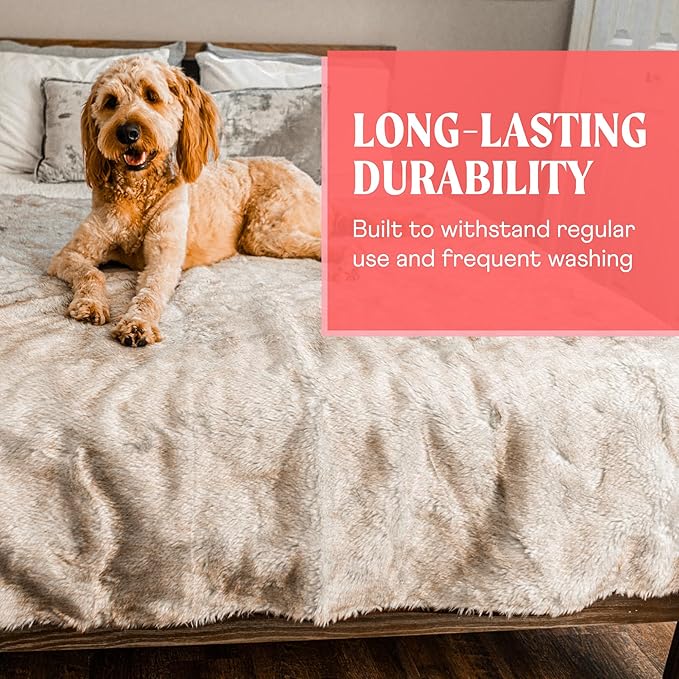 PupProtector Waterproof Throw Blanket for Dogs and Cats, Pet Blanket Cover for Couches, Sofas, Beds, Car Seats, Furniture, Calming Soft Faux Fur, White with Brown Accents, Large (80" L x 62" W)
