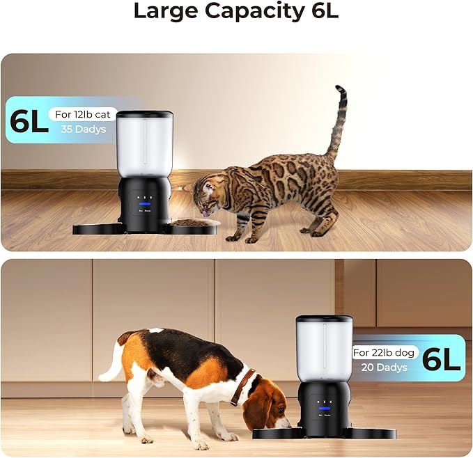 Smart Pet Feeder with 2K Dual Camera & AI Recognition, Dual Bowl Set,6L Automatic Cat Dog Feeder with App Control, 2.4G/5G WiFi, Voice Message, Pet Interaction, Motion Tracking, No Clog, Dual Power,