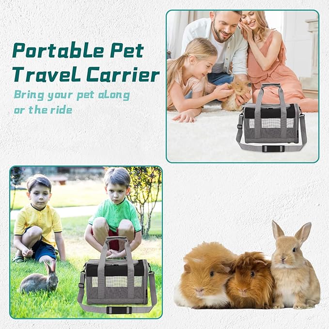 PINVNBY Bunny Carrier for Travel Camping Outdoor, Small Pet Carrier, Guinea Pig Carrier, Breathable Pet Portable Hand Bag for Hamster Bunny Guinea Pig（Black & Gray）