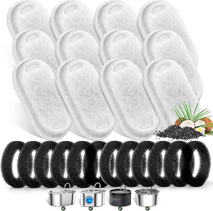 Cat Water Fountain Filters for Stainless Steel 67oz/2L Adjustable Water Flow Pet Fountain, 12 Pack Pet Replacement Filters with 12 Sponges