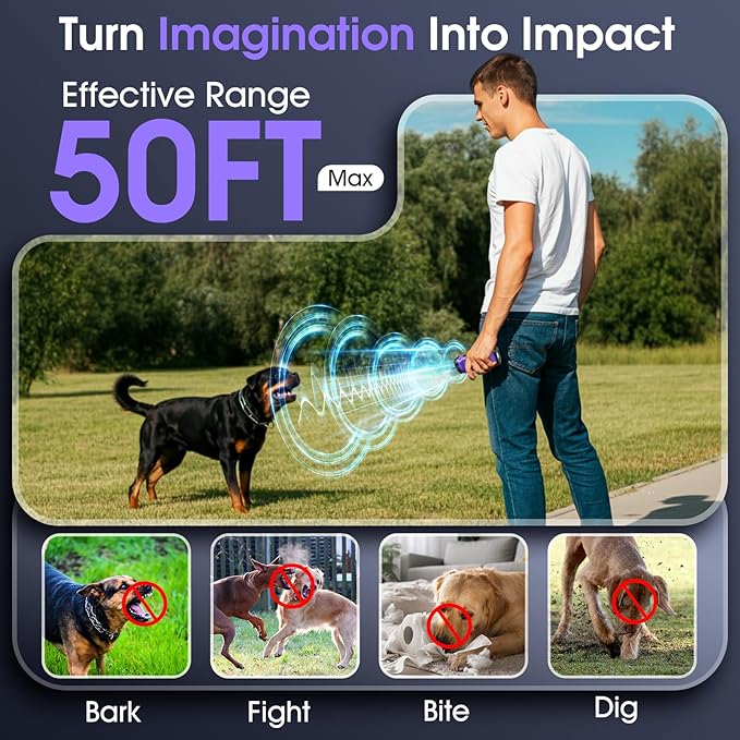 1-Touch Dog Bark Deterrent Devices with 3 Sonic Heads,Portable 50ft Range Anti Barking Device for Dogs,Rechargeable & Safe Dog Training Tool with Flashlight,Helps Improve Dog's Behavior Purple
