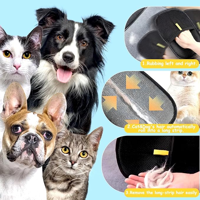 Pet Hair Removal Glove For Cat&Dog,Five-Finger Electrostatic Gloves Pet Hair,Reusable Hair Remover Grooming Glove Brush Tool for Couch,Furniture,Carpet,Car Seat,Clothing(Black-3Pcs)