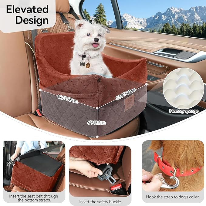 Dog Car Seat for Small/Medium Dogs, Dog Booster Car Seats with Thick Cushion for Dogs Under 35 lbs, Detachable Washable Pet Carseat with Storage Pockets, 2 Safety Belts(Brown)