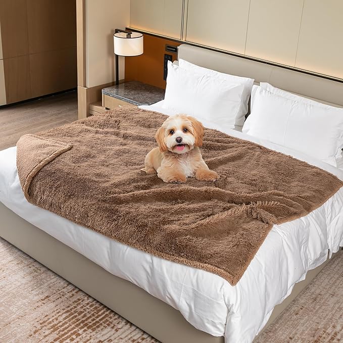 Waterproof Calming Dog Bed Covers Pets Blanket for Large Dogs Cats Brown Fluffy Long Faux Fur Pet Blankets Reversible Couch Sofa Cover Washable Love Bed Mats(Brown,XL-85x57in)