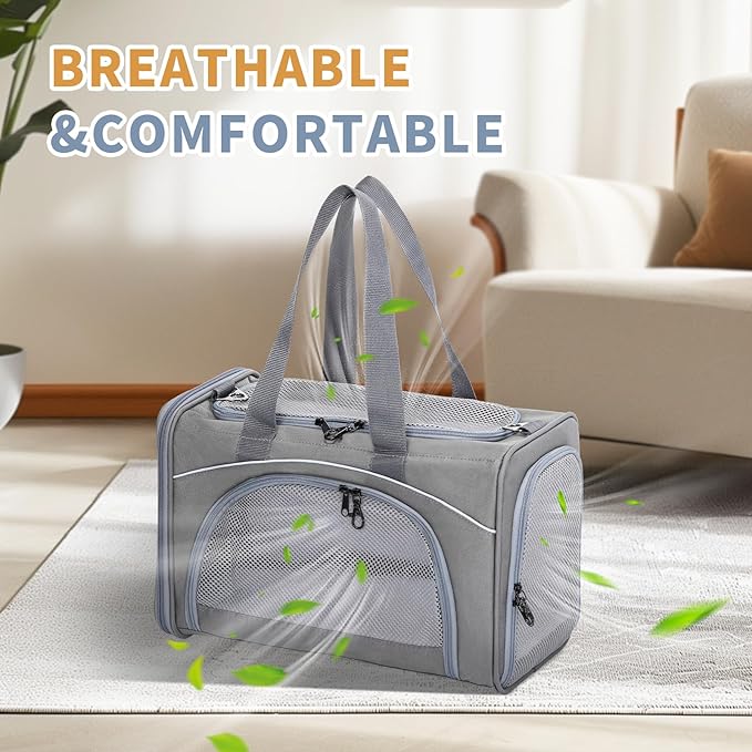 ‌Petsfit Airline Approved Pet Carrier for Small Cats, 16.5x8.6x11 TSA Approved Carrier, with Removable Dual-Sided Padding (2-Way Placement) - Fits Under Most Airplane Seats, Escape Proof (Grey)