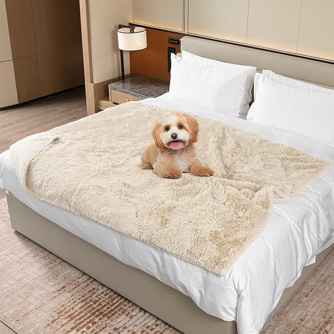 Waterproof Calming Dog Blanket Cream Long Faux Fur Pet Throw Blankets for Medium Dogs Cats Couch Sofa Covers Love Bed Cover Washable(Cream,L-65x57in)