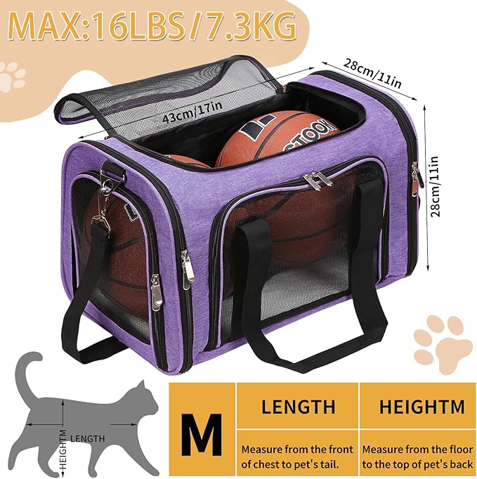 Soft-Sided Cat/Dog/Pet Carrier, Collapsible Pets Travel Carriers for Big Cats/Small Dogs with Shoulder Strap & Removable Mat, Mesh Puppy Carry Bag, Up to 16 Lbs, TSA Airline Approved(Purple)