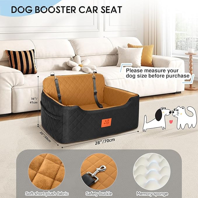 Dog Car Seat for Medium/Large Dogs,Pet Booster Car Seats for Under 50lbs or 2 Small Dogs, Detachable and Washable Pet Bed,Multi-Functional Travel Dog Bed(Black/Brown)