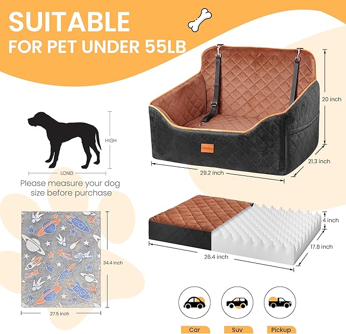 Dog Car Seat for Small Dog with Washable Mat, Memory Foam Booster Seat for Dogs Under 55lb, Elevated Pet Seat with Pockets, Anti-Slip Bed for Car, Perfect for Back Seats & Trunk with 2 Safety Leashes